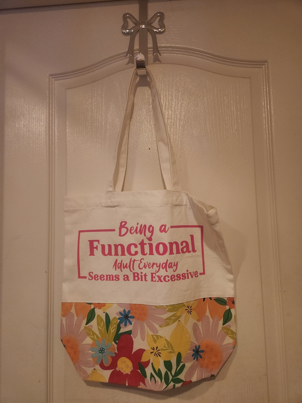 Canvas Floral Tote Bag with Pink Slogan